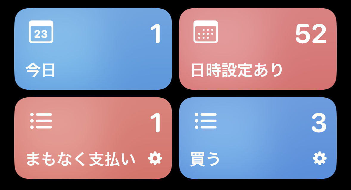 リマインダーの画面の上に並ぶピン留めのリスト。今日 1、日時設定あり 52、まもなく支払い 1、買う 3